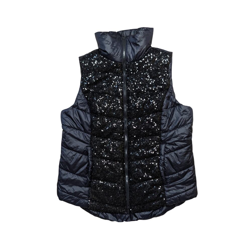 Chico's Women Zenergy Puffer Vest Polyester Sequin Front High Neck Black 2 US 12